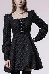 Robe Punk pour Femme avec Encolure Carrée, Taille Froncée et Motif Floral Noir Type Perle